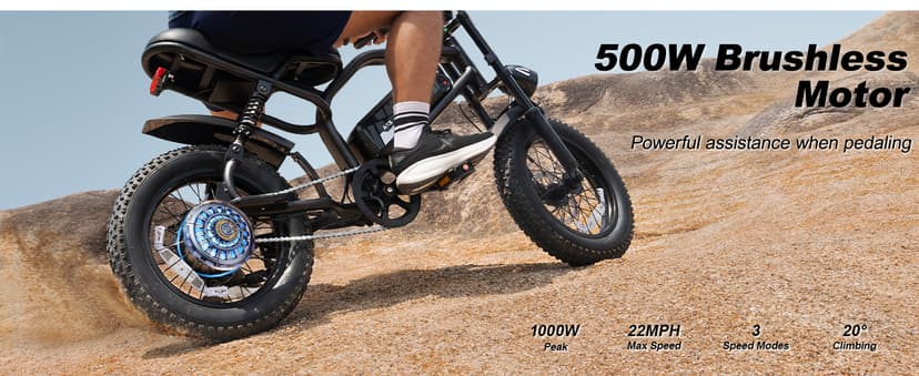 Electric Bike, 16'' Fat Tire E-Bike for Teens/Adults, 500W Small E-Bike with 36V/12.8Ah Removable Battery, Up to 22MPH, 45 Mile Range, Electric Dirt/Mountain Bike for Woman/Men A13