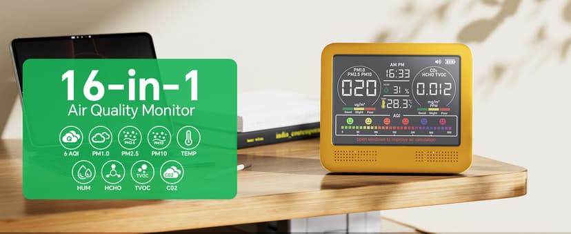 16-in-1 Indoor Air Quality Monitor with PM1.0,PM2.5,PM10,CO2,HCHO,TVOC,Temperature,Humidity,Time Display &7 AQI Alarms – Professional Air Quality Tester for Home, Office & Indoor Use