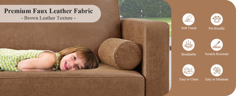 HIFIT Sofa Couches, 79” Mid-Century Modern Couch, Breathable Faux Leather Couch with Upholstered Cushions/Pillows, 3-Seat Sofas & Couches, for Living Room Apartment Office, Brown