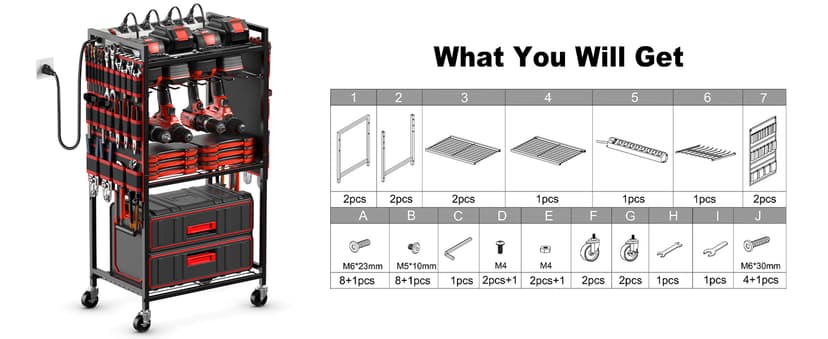 Floor Standing, Large Garage Rolling Storage Cart on Wheels, Heavy Duty Drill Battery Storage Rack, with 8 Outlet Power Strip JUNNUJ Power Tool Organizer Cart with Charging Station, 6 FT Cord, Red B0D1QVKWGH