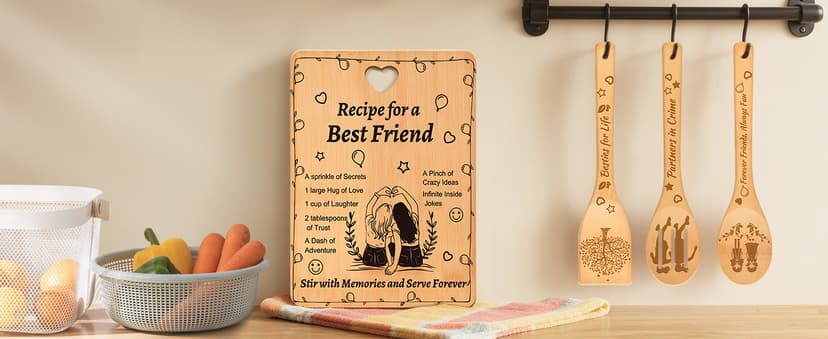 Recipe for a Best Friend Gift Set, Bamboo Cutting Board with Engraved Utensils, Unique Kitchen Gifts for Women, Bestie Gifts for Birthday, Christmas, Housewarming, Graduation, Long Distance Friendship