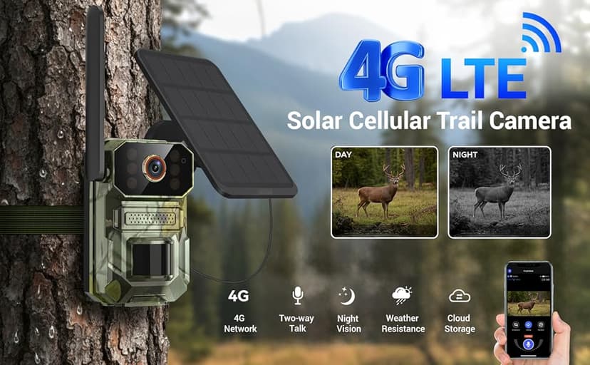 4G LTE Cellular Trail Camera with Solar Panel, 1080p Full HD Game Cameras, Live View, Night Vision, Motion Detection, 2-Way Talk, IP65, Built-in SIM Card, Unlimited Plan (Sold Separately)