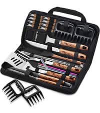 ROMANTICIST 26pcs Stainless Steel Grill Tool Set, Heavy Duty BBQ Grilling Accessories Gifts for Men Dad, Non-Slip Grill Utensils Kit with Apron, Thermometer, Mats in Aluminum Case for Christmas Brown