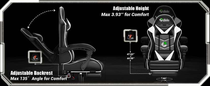 Czlolo Gaming Chair with Footrest Racing Style Lumbar Support Massager Video Game Chair with Metal Legs, High Back Reclining Gamer Chair with Headrest, 360° Swivel Office Computer Desk Chair (White)