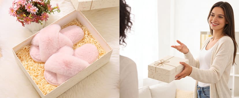 Evshine Women's Fuzzy Slippers Cross Band Memory Foam House Slippers Open Toe