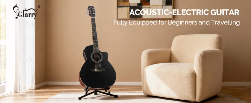 GLARRY 36in Acoustic Electric Guitar Beginner Kit with 15W Amp, 5-band EQ Dreadnought Design 6 Strings Electric Acoustic Guitar with Bag, Strap, Picks, Strings, Wrench (Black)