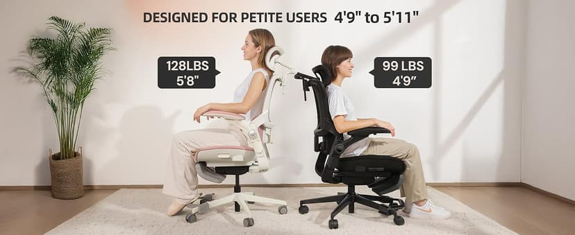 CabLady S2 Petite Office Chair for Women & Small Frames - 330lb Capacity, 4D Adjustable Lumbar/Headrest, Flip-Up Arms & Footrest, Ergonomic Desk Chair