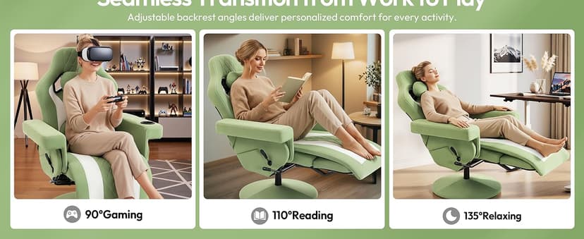 Dowinx Racing Style Gaming Recliner Chair with Massage Lumbar Support, Footrest, Cup Holder, Side Pouch, High Back Ergonomic Video Game Chair Reclining No Wheels Heavy Duty, Fabric Green
