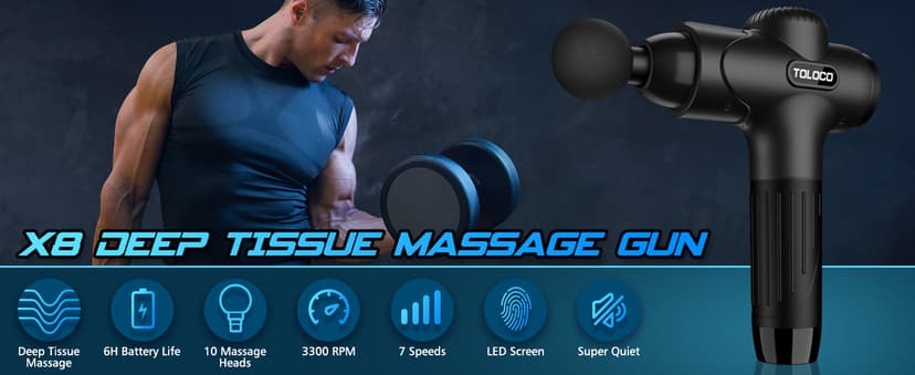 TOLOCO Massage Gun Deep Tissue, Percussion Massage Gun with 10 Replacement Heads, Super Quiet Portable Electric Massager for Athletes, Relax, Black