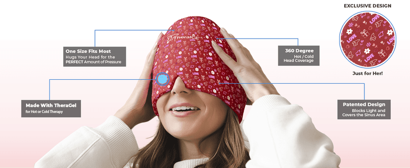 TheraICE Headache Relief Cap, Migraine Ice Pack Mask Products, Women Cooling Gel Hat, Face Cold Compress Head Wrap for Her Stress. Great Birthday Gift for Mom, Sister, Grandma, Girlfriend, & Teacher