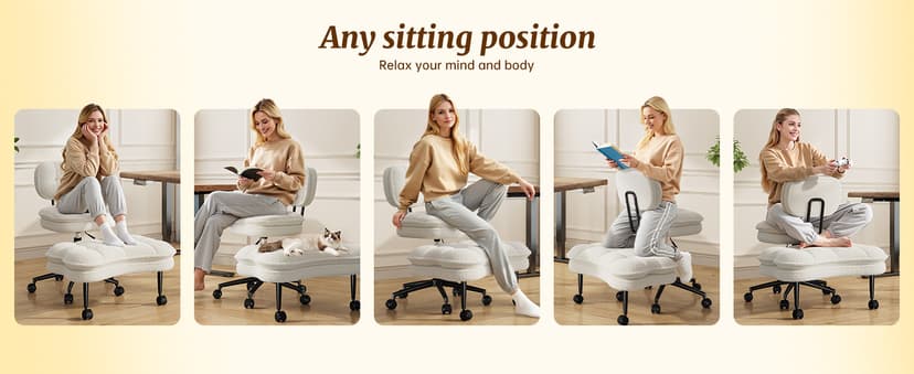 DurayLoly Ergonomic Cross Legged Chair 360° Swivel Meditation Chair with Wheels, Height Adjustable Seat for ADHD, Strong Lumbar Support,Home Office Furniture, Teddy Fabric,White