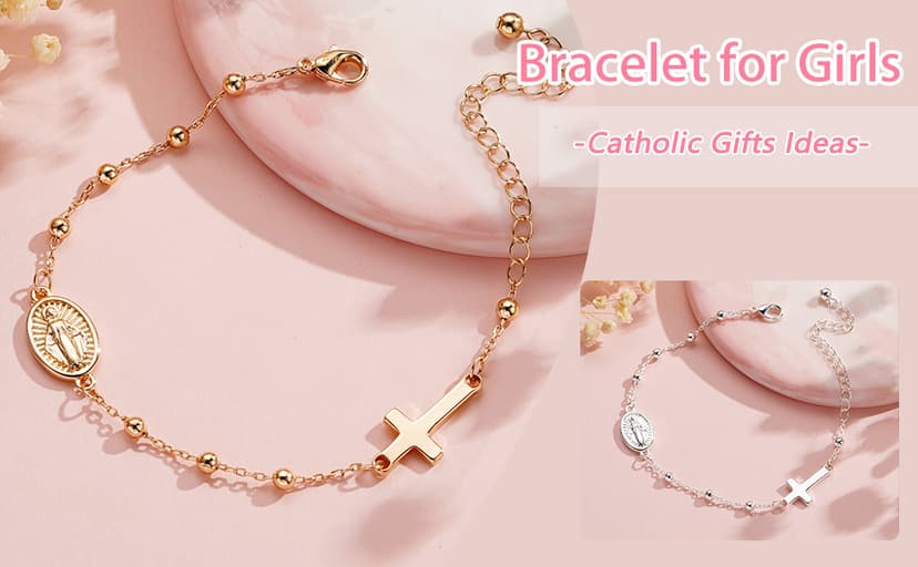 Catholic Virgin Mary Cross Bracelet Gifts for Girls Teens Women, Rosary Beads Charm Link Chain Bracelet Christmas Christian Religious Jewelry Gifts
