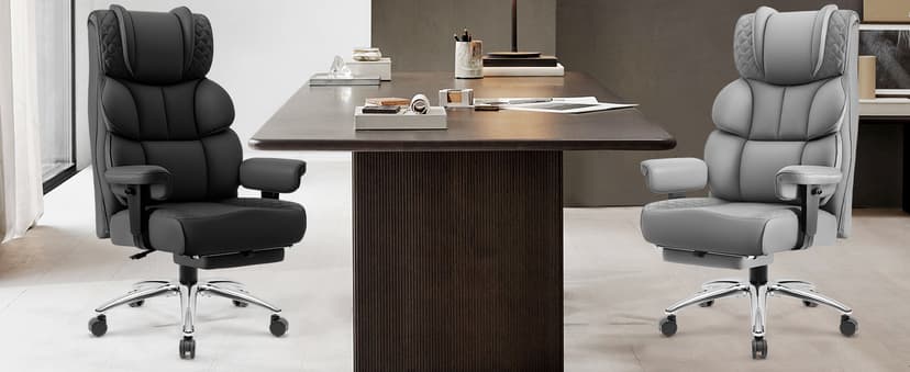 BestGlory Office Desk Chair, Big and Tall Leather Gaming Chair with Footrest, Wide Ergonomic Comfy Executive High-Back Reclining Computer Chairs, Swivel Rolling Wheels and Padded Lumbar Support, Black