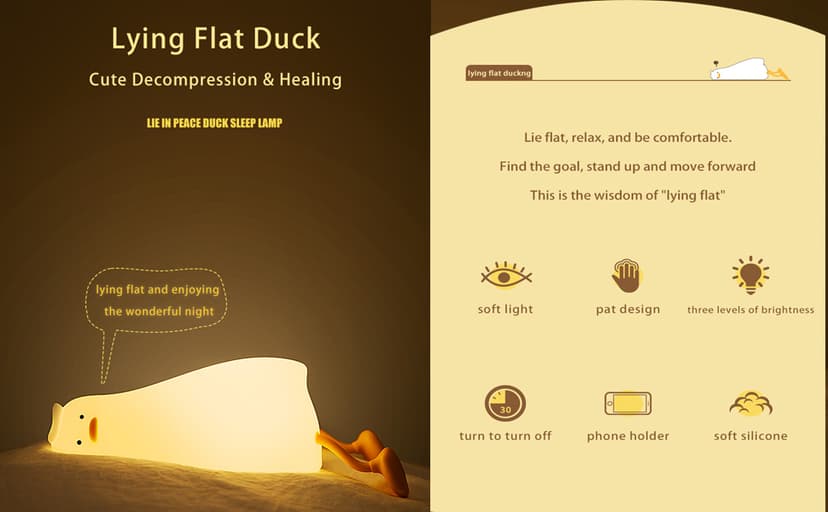 HAPPYBAG LED Lying Flat Duck Night Light, 3 Level Dimmable Nursery Nightlight,Cute Lamps Silicone Squishy Light Up Duck,Rechargeable Bedside Touch Lamp for Breastfeeding Toddler Baby Kids Decor