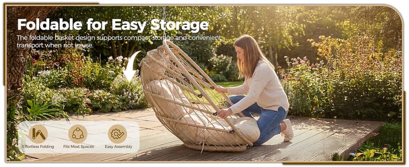 Nicesoul Outdoor Hanging Egg Chair Without Stand, Patio Wicker Swing Egg Basket Chairs with Padded Cushion, 350 Lbs Comfy Cozy Ceiling Tree Swinging Egg-Shaped Chair No Stand for Indoor Balcony, Beige
