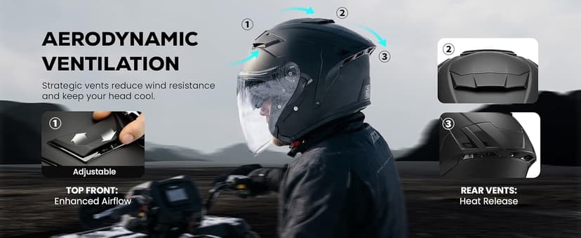 XFMT 3/4 Open Face Motorcycle Helmet Dual Visor Moped Street Bike Scooter Helmet with Internal Sunshield for Adults Men & Women, DOT Approved
