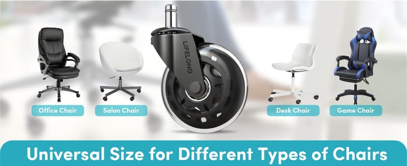 Lifelong Office Chair Wheels Replacement Rubber Chair Casters Safe for Hardwood Floors and Carpet, Set of 5, Heavy Duty Casters for Chairs Desks to Replace Office Chair Mats - Universal Size