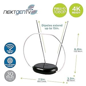 Philips Rabbit Ears Black Indoor TV Antenna, Dipoles and Circular Loop, Tabletop, Digital, Smart TV Compatible, HDTV, 4K 1080P VHF UHF, 5Ft Coaxial Cable, SDV8201B/27