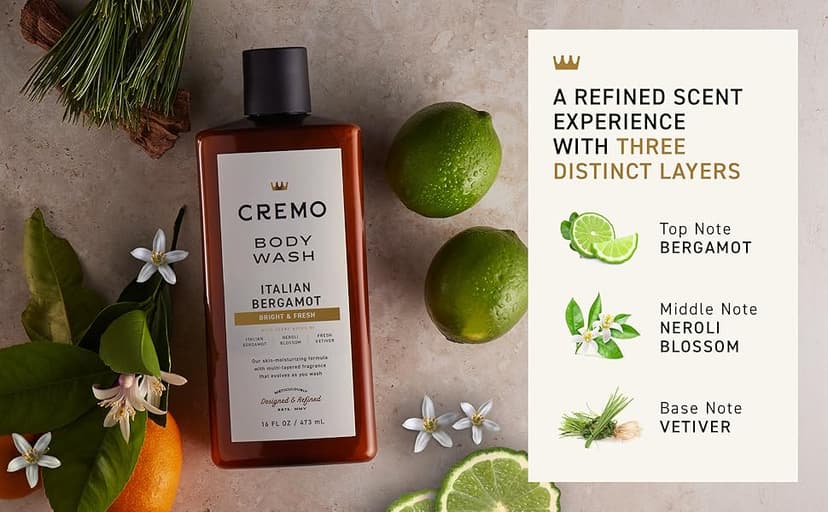 Cremo Body Wash Men, Notes of Italian Bergamot, Neroli Blossom, and Fresh Vetiver, Rich-Lathering Italian Bergamot, 16 Fl Oz