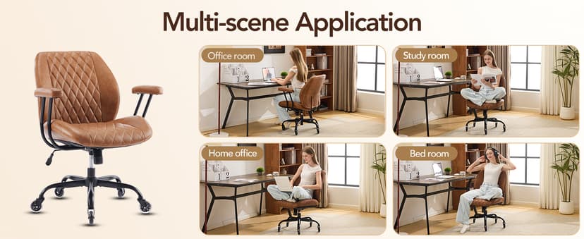 YFO Home Office Desk Chair Office Rubber Casters Ergonomic Computer Chair with Lumbar Support Adjustable Height Rolling Swivel Executive Task Armrests Chair, Brown Leather