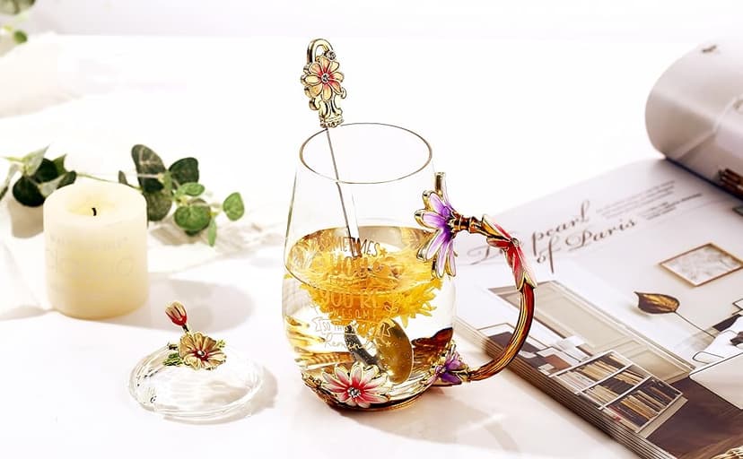 Luka Tech Enamel flower Lead-free Glass Coffee Mugs Tea Cup with Steel Spoon, Best Birthday Gifts For Women Wife Mom Friends Mothers Valentines Day Christmas