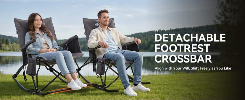 Huskfirm Oversized Rocking Camping Chair Folding Rocking Chair with High Back Padded Outdoor Rocking Chair Heavy Duty Portable Rocker Chair for Camping, Lawn and Patio, Supports Up to 400 lbs, Grey