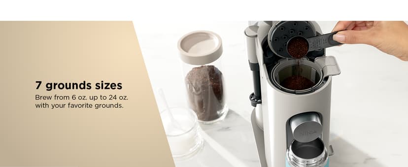 Ninja Pod & Grounds Specialty Single-Serve Coffee Maker, K-Cup Pod Compatible, Brews Grounds, Compact Design, Built-In Milk Frother, 56-oz. Reservoir, 6-oz. Cup to 24-oz. Mug Sizes, Stone, PB051ST