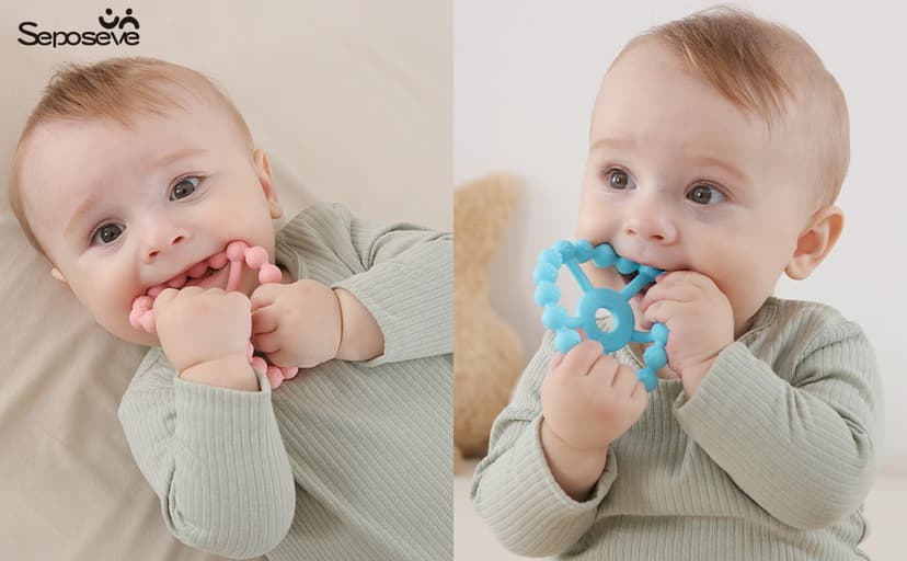 3 Pack Ring Teether Baby Infant Toys, Baby Essentials, Silicone Teething Ring Toys for Babies 0-6 Months, Seposeve Toddler Teethers 6-12 Months 12-24 Months, Infant Teething Relief, Purple Pink White