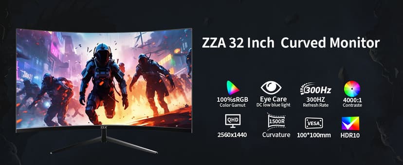 ZZA 32 Inch Curved Gaming Monitor, QHD 2560x1440, Ultra 300Hz & 240Hz Refresh Rate, Computer Monitor VA Panel,1500R, 1ms, HDR, AMD FreeSync Premium, NVIDIA G-SYNC Compatible