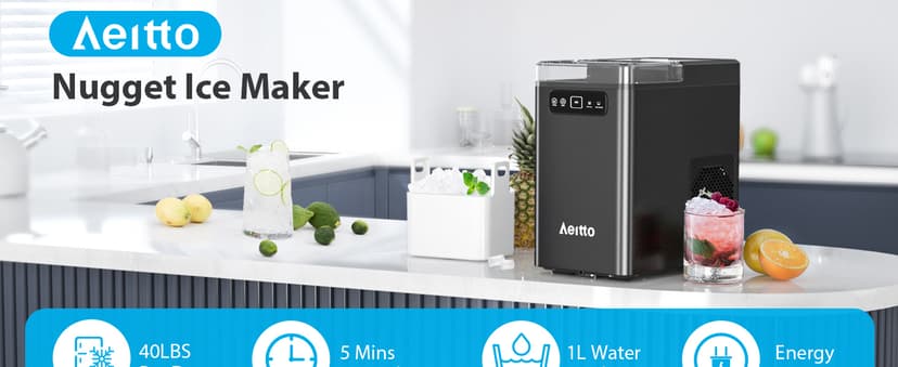 Aeitto Nugget Ice Maker 40Lbs/24H, Countertop Soft Chewable Ice Pebble Ice Machine, One-Click Operation, Auto Self-Cleaning Ice Makers with Scoop&Basket for Home, Office, Kitchen, Party (Black)