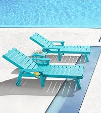 ONBRILL Patio Chaise Lounge Set of 2, Outdoor Lounge Chairs with 5-Level Adjustable Backrest, CupHolder, No Fade, No Break, 350lbs Capacity, HDPS Material, Blue