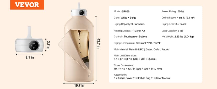 VEVOR Portable Clothes Dryer with Dryer Bag, PTC Heating & LED Display, Foldable Mini Dryer with 5-H Timer for Apartments, Dorms, RVs, or Hotels, 600W, Beige