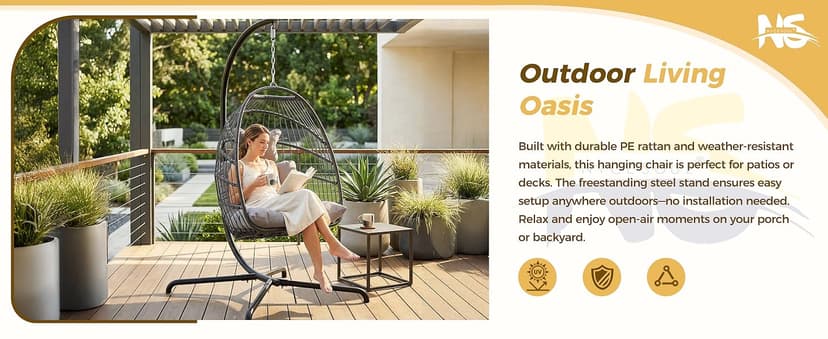 NICESOUL Hanging Egg Chair with Stand Indoor Outdoor, Comfy Patio Rattan Swing Hammock Chairs with Cushion, 350lbs Capacity Egg Shaped Chair for Lawn Backyard Balcony Bedroom, Birthday Gift, Beige