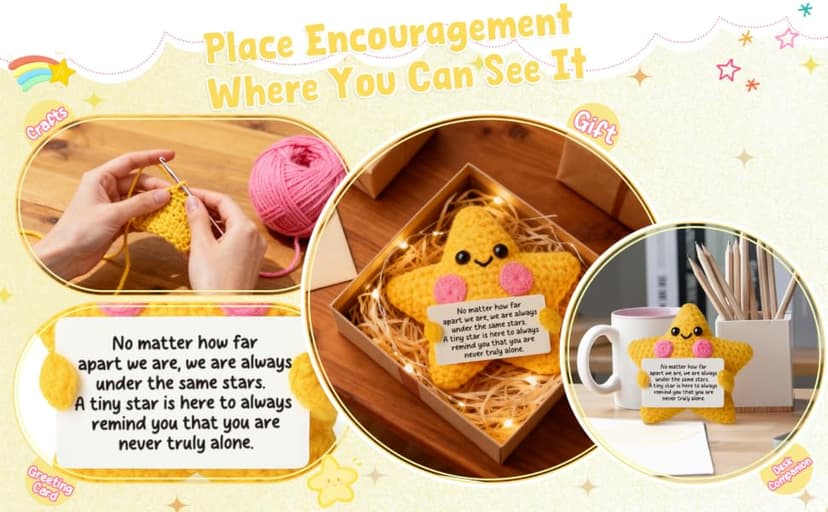 Crochet Yellow Star Doll Friendship Gift - Emotional Comfort Support Decor, Long Distance Relationship Moving Away Farewell Goodbye Leaving Gifts for Women Friend Couple Boyfriend Girlfriend Coworker