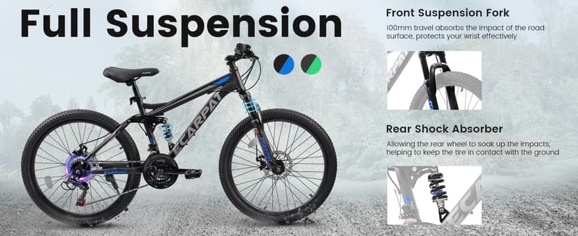 Mountain Bike 24 26 27.5 Inch, Dual Full Suspension Mens Womens Bike, 21 Speeds Dual Disc Brake Carbon Steel Bike, Boys Mens Mountain Bike for School Work Summer Camping, Birthday Gift Choice