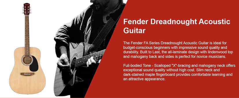 Fender Dreadnought Acoustic Guitar - Natural Bundle with Gig Bag, Tuner, Strings, Picks, and Austin Bazaar Instructional DVD