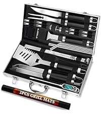 ROMANTICIST 26pcs Stainless Steel Grill Tool Set, Heavy Duty BBQ Grilling Accessories Gifts for Men Dad, Non-Slip Grill Utensils Kit with Apron, Thermometer, Mats in Aluminum Case for Christmas Brown