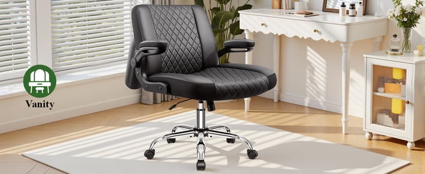 Criss Cross Office Chair with 2-in-1 Flip Backrest – Ergonomic PU Leather Floor Sitting Chair, Adjustable Height, 360° Swivel & Flip-Up Arms, Extra-Wide Seat for Home Office, Vanity, Nail Salon-Black