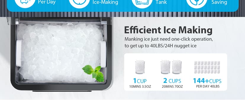 Aeitto Nugget Ice Maker 40Lbs/24H, Countertop Soft Chewable Ice Pebble Ice Machine, One-Click Operation, Auto Self-Cleaning Ice Makers with Scoop&Basket for Home, Office, Kitchen, Party (Black)