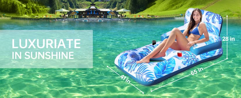 Pool Floats Adult, Pool Floaties with Cup Holder and Phone Holder, Pool Lounger Float with Headrest, Backrest and Footrest, 65" Thicken PVC Inflatable Pool Float for Adult Pool Party Beach Cool
