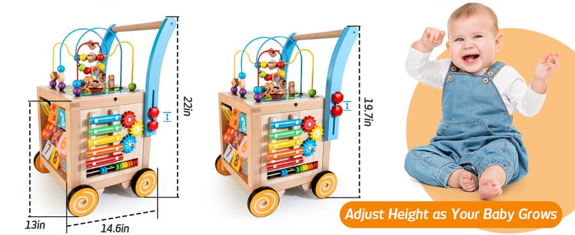 Wooden Baby Walker | Baby Push Walker with 9-in-1 Activity Cube, Sit to Stand Learning Walker Toy with Wheels for Boys Girls, Montessori Activity Center Walker, Adjustable Speed & Height