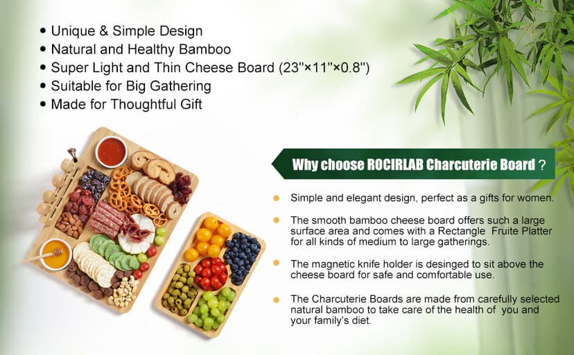 Bamboo Charcuterie Boards (23"×11"×0.8") and Knife Set, Lightweight Cheese Board and Platter, Unique Gift for Housewarming, Anniversary & Wedding, Mother's Day and Christmas for Women…