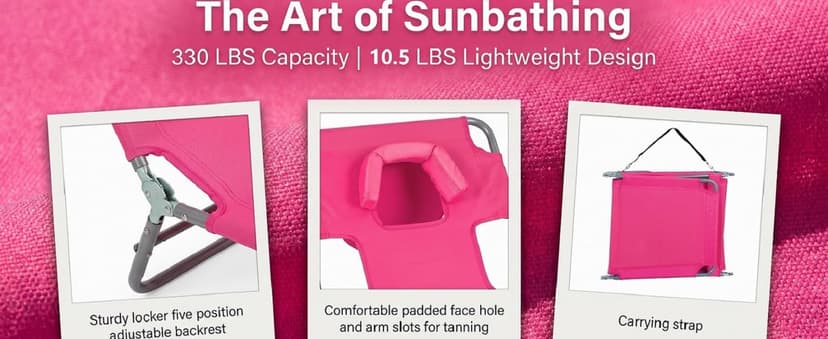 Goplus Tanning Chair, Portable Lightweight 10.5LBS Beach Lounger with Face Arm Holes, Adjustable 5-Position, 330LBS Capacity, Side Pocket, Removable Cushions, Portable Sunbathing Chair for Pool