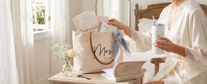 Engagement Gift for Bride, Wifey, Bachelorette Party Favors, Honeymoon, Wedding Essentials Bag with Leather Handle & Pocket Bridal Shower Gifts Bride Tote Bag for Bride to Be, Future Mrs B0GTV3F3QJ