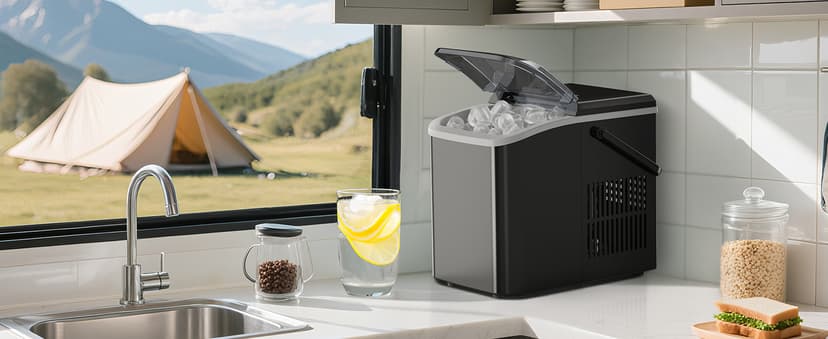OLIXIS Ice Maker Machine with Handle,26lbs in 24Hrs,9 Ice Cubes in 6 Mins,Auto-Cleaning Portable Ice Maker with Basket and Scoop, Countertop Ice Maker for Home/Kitchen/Camping/RV, Sleek Black