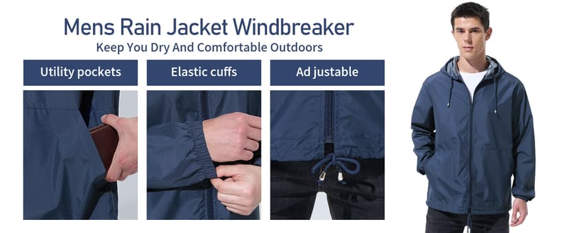 UIQUR Mens Rain Jacket Raincoat Windbreaker Running Waterproof Lightweight Packable with Hood Travel Hiking Cycling