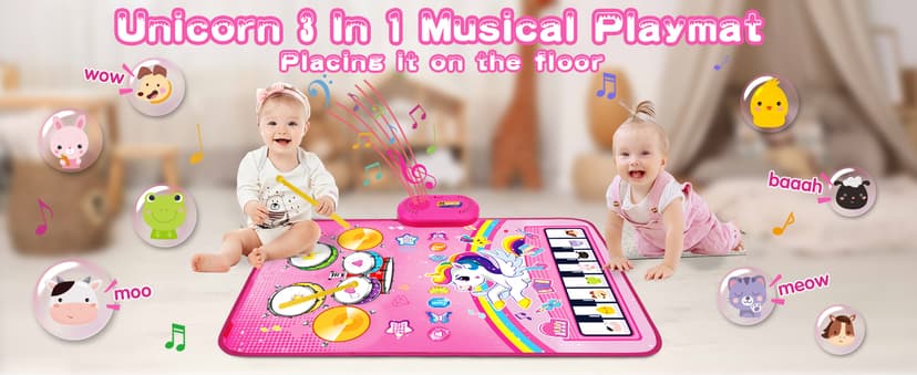Piano Drum Animal Touch Unicorn Toy - Infant Musical Toy 12-18 Months Babies Birthday Easter Gifts for 1 2 3 Year Old Girls Toys for 1 Year Old Girl Gifts: 3 in 1 Baby Music Mat Toddler Toys Age 1-2 B0DBXXVQP3