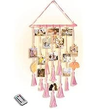 Homecor Hanging Photo Display Wall Decor, Macrame Wall Hanging Boho Room Bedroom Decor, Picture Frame Collage Board with Light 30 Clip, Christmas Teenage Teen Girl Gifts Ages 10 11 12 13 14 Years Old