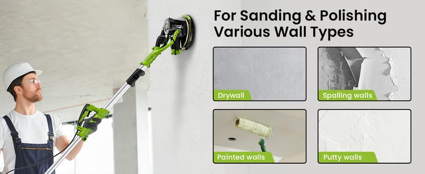 WorkBless Drywall Sander, 1050W 7.2A Popcorn Ceiling Removal Tool, Automatic Drywall Sander with Vacuum Dust Collector, 7 Variable Speed 1000-2100RPM, 15Pcs Sanding Discs(Green)