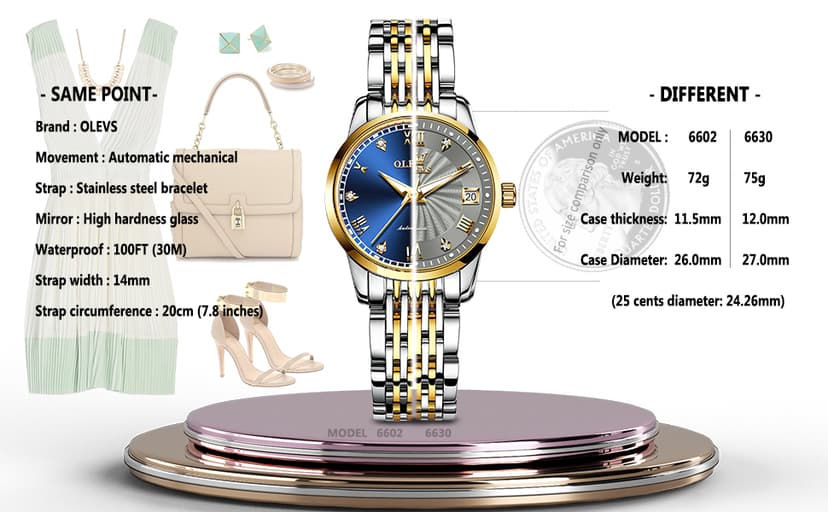 OLEVS Womens Automatic Watches Gold Classic Diamond Ladies Self Winding Mechanical Two Tone Stainless Steel Wrist Watch Date